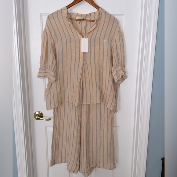 Stark X vintage beige blue striped 100% linen Joey top/ankle pant set M/XL - Picture 2 of 10